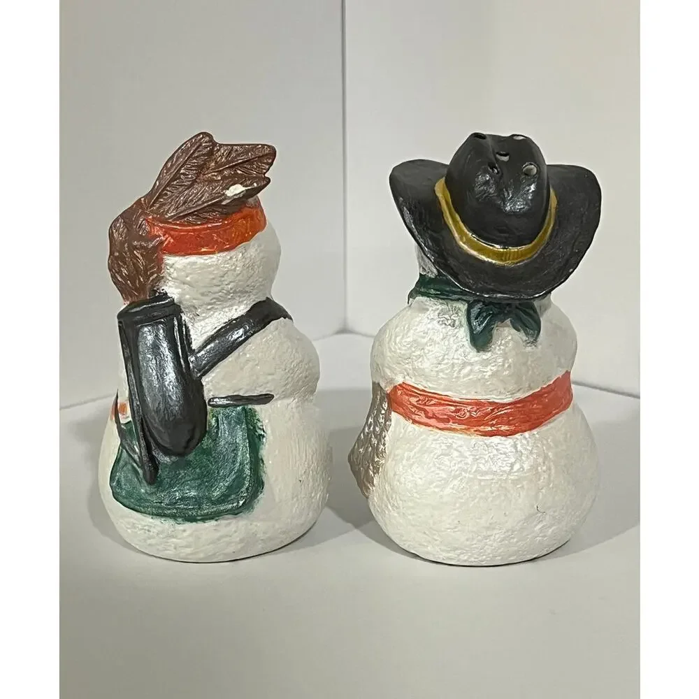 Vtg Western‎ Snowman Salt Pepper Shaker Set Hand Painted Christmas Holiday Decor